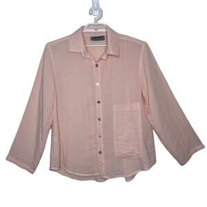 ELEVEN STITCH Design Peach Pink Button Up‎ Tunic Blouse Lagenlook Pocket Sz L